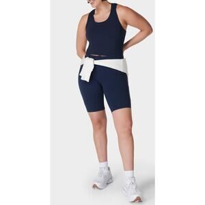 Sweaty Betty Power 9” Biker Shorts Navy Blue Rainbow Trim Pocket XL High Waist